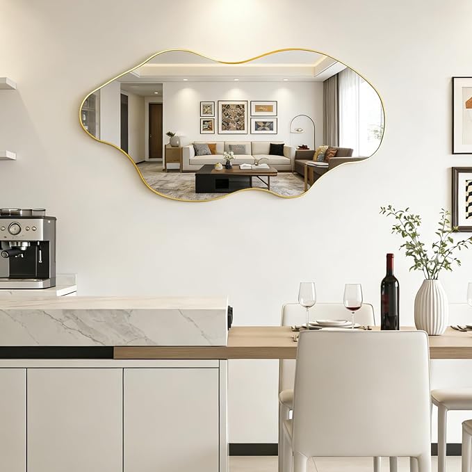 Gold Irregular Mirror, 52"x25.5" Large Asymmetrical Aesthetic Wall Mirror, Modern Abstract Frameless Mirrors for Living Room Bedroom Entryway Hallway, Hangs Vertically or Horizontally