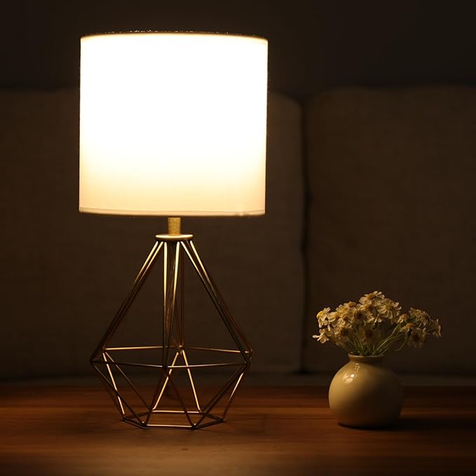 Gold Modern Small Table Lamp for Bedroom & Living Room - Geometric Metal Base, White Fabric Shade, Ideal for Bedside & Kids' Desk, Nightstand Lamp