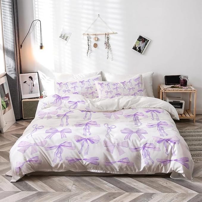 Trendy Purple Bow Duvet Cover Twin Size Girls Coquette Bedding Set Graceful Style Light Purple Bowknot Bed Cover,Kids Girls Super Soft Bedding Set Funky Preppy Girly Room Decor 68"x88"