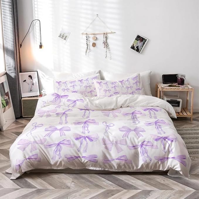Trendy Purple Bow Duvet Cover Full Queen Size Coquette Bedding Set Graceful Style Light Purple Bowknot Bed Cover,Kids Girls Super Soft Bedding Set Funky Preppy Girly Room Decor 88"x88"