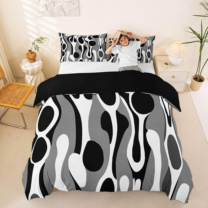 Erosebridal Organic Geometric Duvet Cover Set Modern Abstract Queen Bedding Set for Youth Boys Retro Mid Century Comforter Cover Modern Fluid Art Irregular Circles Bed Sets,Gray Black