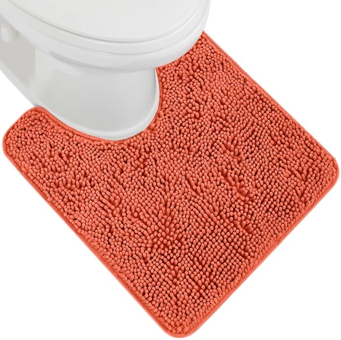 GORILLA GRIP Plush Absorbent Shaggy Chenille Bath Rug Mat for Oval Toilet Base with Rubber Backing, Machine Washable Rugs, Soft Microfiber Contour Mats for Toilets, Bathroom Decor, Coral