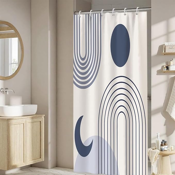 Boho Shower Curtain for Bathroom Modern Minimalist Neutral Bathroom Decor Set Blue Stripes Abstract Sun Moon Chic Aesthetic Bathtub Curtains Washable Waterproof Polyester Fabric with Hooks 36x72 Inch