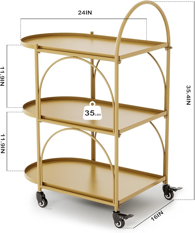XIV Bar Cart, Metal Serving Cart for Home, Drink Cart, Rolling Beverage Cart with Lockable Wheels, Mobile Rolling Cart for Kitchen and Living Room (Gold)