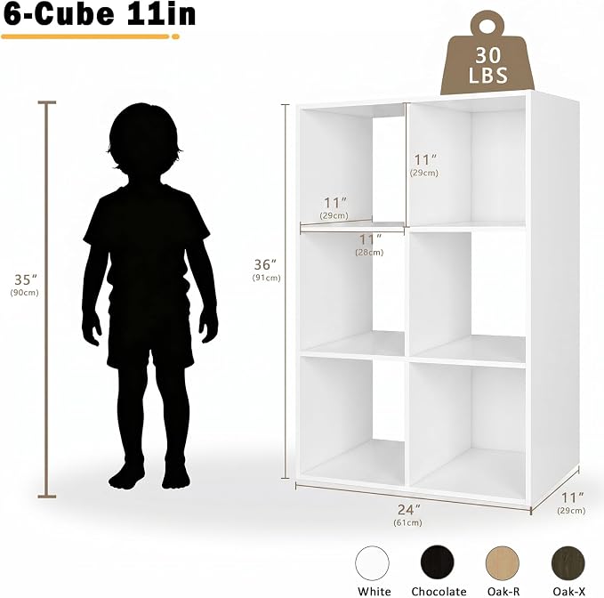 Endearing Limons【2026 Wooden 6 Cube Shelf Storage Organizer with Anti-Tipping Kits + Reversible Open Back Solid Panel Bookcase (11 x 11 Unit Cell White)