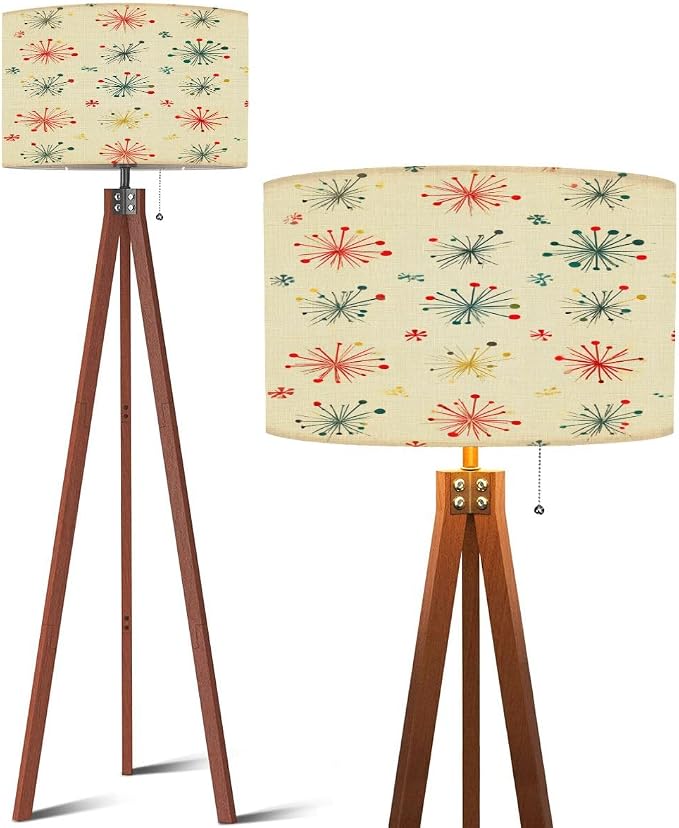 Wood Tripod Floor Lamp Seamless Mid Century Modern Retro Mid Century Standing Lamp Linen Shade Dimmable Modern Tall lamp Home Decor for Living Room Bedroom Office