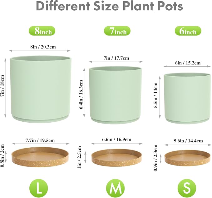 Meowell 8/7/6 inch Plant Pots, 3 Pack Cylinder Flower Pots for Outdoor Indoor Plants, Decorative Plastic Planters with Drainage Holes and Saucers for Garden House Plants, Green with Brown