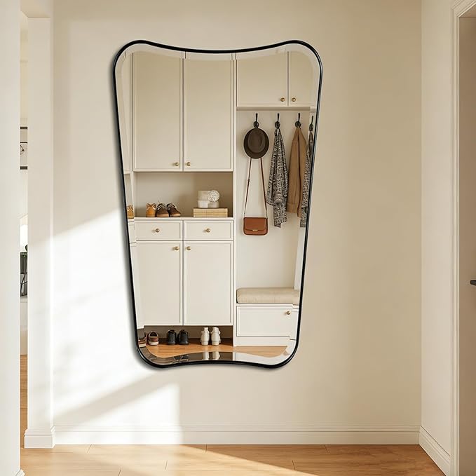 POZINO Matte Black Beveled Mirror, 24"x40" Bathroom Vanity Mirrors for Over Sink, Irregular Shaped Mirrors Decorative, Modern Rectangle Wall Mirror for Living Room Bedroom Fireplace Entryway