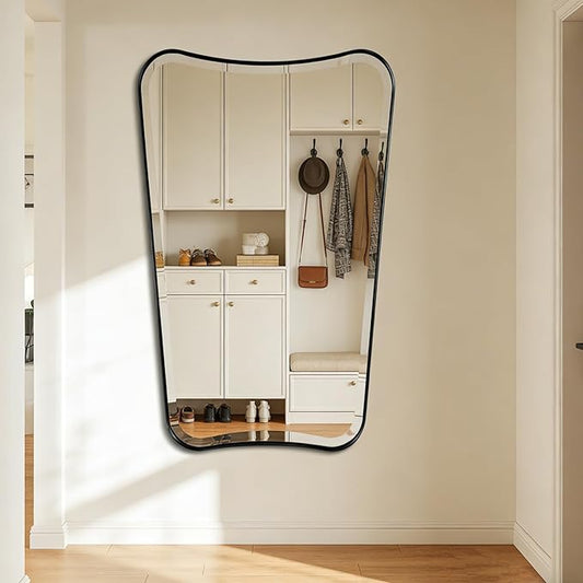 POZINO Matte Black Beveled Mirror, 24"x40" Bathroom Vanity Mirrors for Over Sink, Irregular Shaped Mirrors Decorative, Modern Rectangle Wall Mirror for Living Room Bedroom Fireplace Entryway
