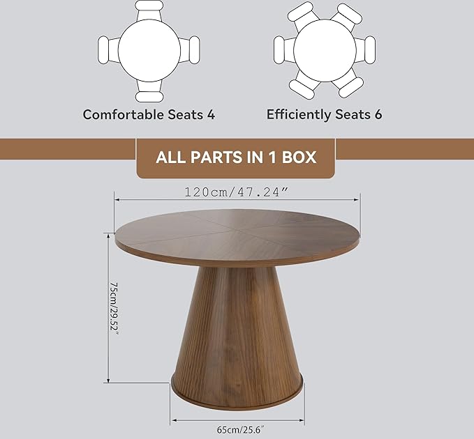 Round Dining Table for 4, Farmhouse Fluted Dining Kitchen Table, 47 Inch Modern Wood Small Circle Dining Table for Kitchen Living Room (Walnut, 47inch)