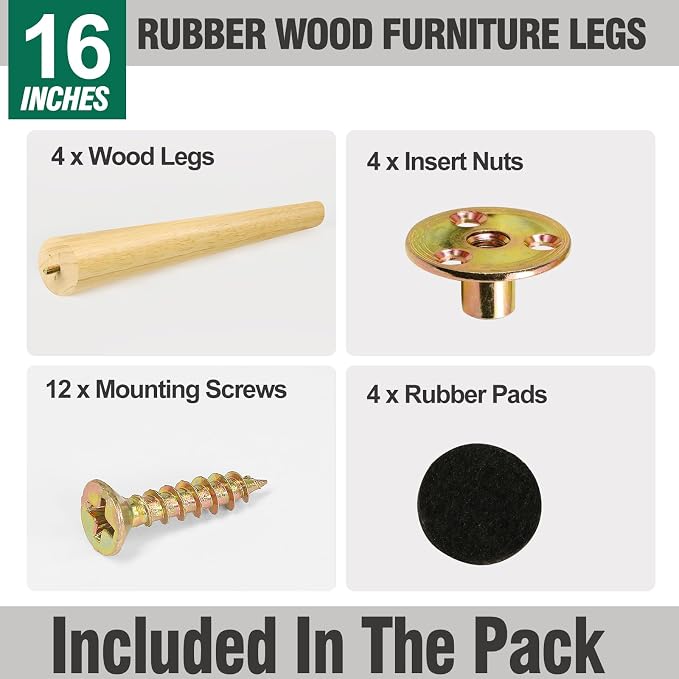 FoDau770 Rubber Wood Furniture Legs 16 Inches, Slant Tapered Wood Feet Mid Century Sofa Legs Set of 4, 5/16" UNC Furniture Feet Replacement Parts for Cabinet Couch Dresser Chair Ottoman Table