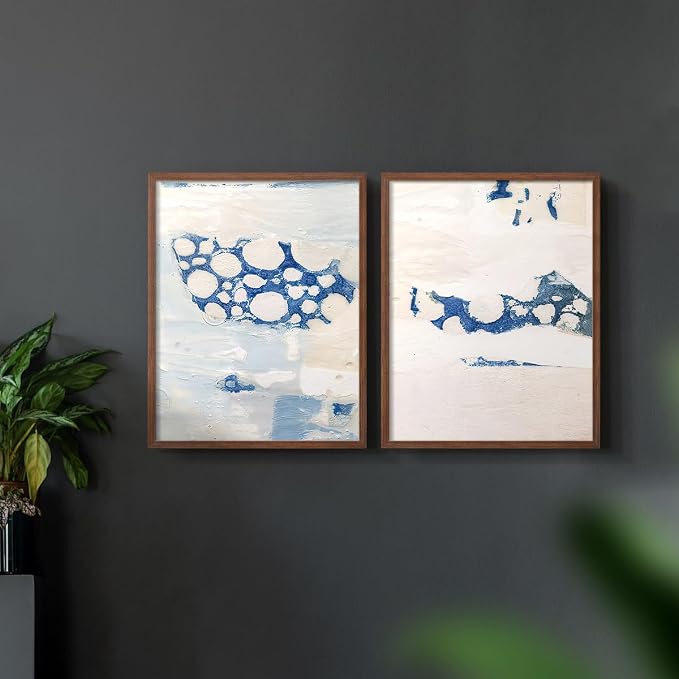 Renditions Gallery Set of 2 Peel & Stick Framed Prints, Textured Abstract Wall Art, White Blue Bubble Like Pattern Wall Decor, Re-Stickable - Ready to Hang - 11"x14" - Walnut Frame LT588