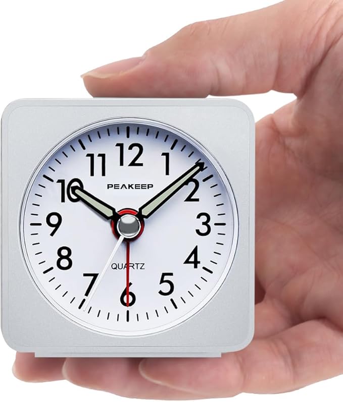 Peakeep Ultra Small, Battery Travel Alarm Clock with Snooze and Light, Silent with No Ticking Analog Quartz (White)