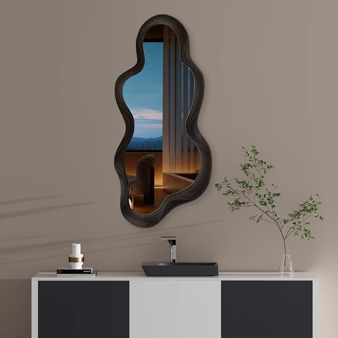 48"x 22" Irregular Wall Mirror, Wood Black Framed Wall Mirror, Asymmetrical Wall Wavy Mirror for Living Room Bedroom Entryway Bathroom Modern Decorative Mirror with Hanging Hooks
