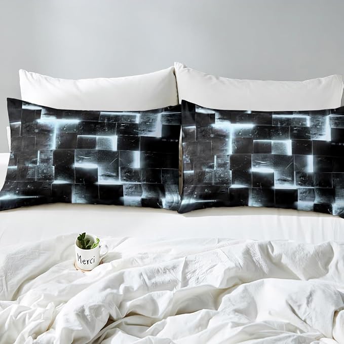 Erosebridal 3D Geometric Bedding Sets King Abstract Aesthetic Comforter Cover Black and Greyish White Bed Set Glowing Futuristic Cube King Duvet Cover Neon Grid Quilt Cover 3pcs (Black Reversible)