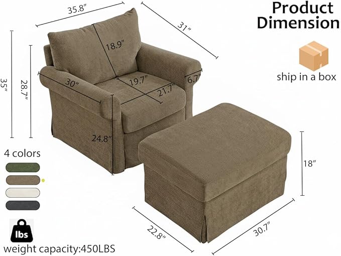 35.8" Chenille Accent Chair with Ottoman Set, Comfy Upholstered Armchair with Rolled Arms, Modern Single Reading Chair for Living Room, Bedroom, Apartment, Brown
