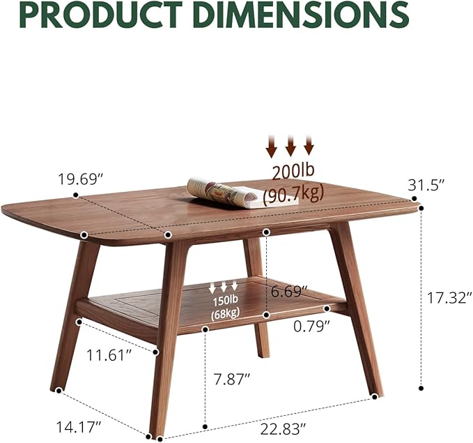 Mid Century Modern Coffee Table: 100% Solid Wood Coffee Table - 2-Tier Storage Design - Space Saving Small Coffee Tables for Living Room, Apartment (Walnut, 31.49")
