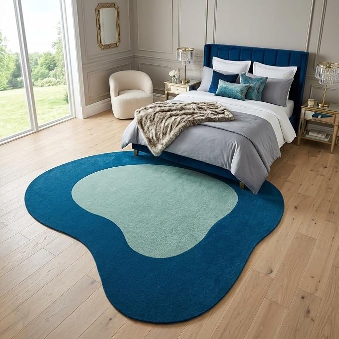 Modern Abstract Irregular Shaped Area Rug Navy Blue Mint Green Irregular Rug for Living Room Bedroom Nursery Ultra Soft Washable Thick Carpet Boho Playroom Apartment Stain Resistant Floor Mats 10ft