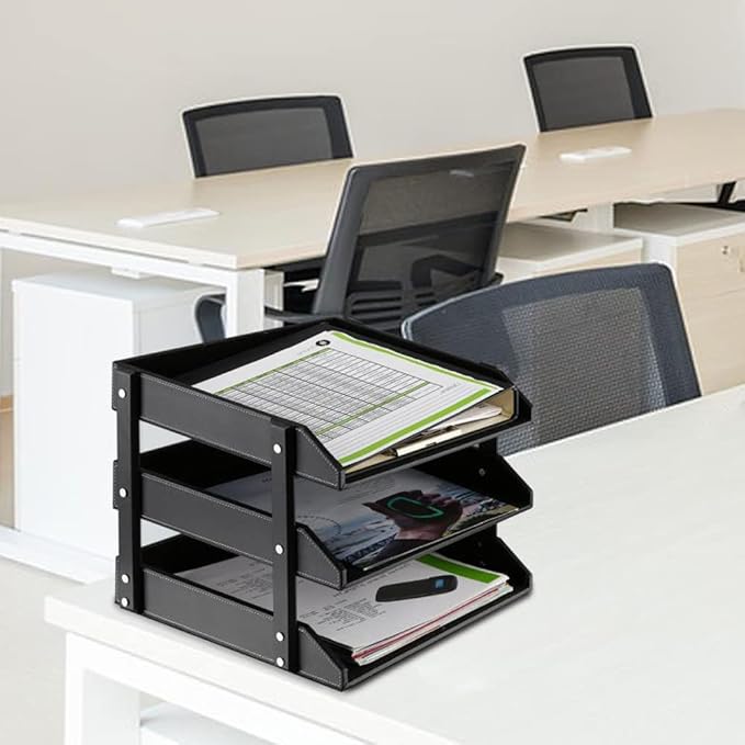 Leather Desk Organizer, NIFIVE Stackable Document Tray, Perfect Desktop Organization Holder for Files, Folder, Stationery, Magazine, Newspaper, Mail, Office Supplies (Black 3-Tier)