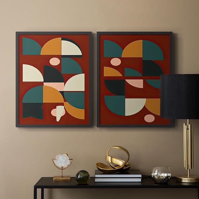 Renditions Gallery Set of 2 Peel & Stick Framed Prints, Mid Century Abstract Wall Art, Modern Geometric Shapes Wall Decor, Re-Stickable - Ready to Hang - 16"x20" - Black Frame LT588