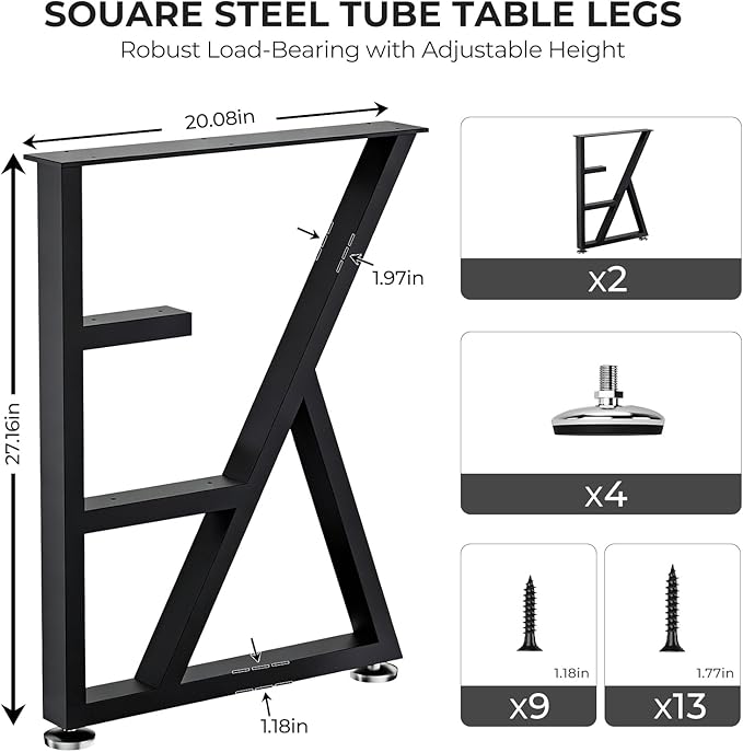 Table Legs 28”H x 20”W Heavy Duty Metal Furniture Legs K Shape for Dining Table Kitchen Table Office Desk Table Base Replacement with Adjustable Feet Pads Screws 1000 LBS Load Black Set of 2