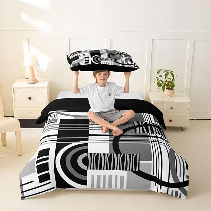 Art Deco Mid Century Duvet Cover Set Retro Modern Abstract Geometric Girl Toddler Bedding Set for Tween Boys Girls Black and White Grey Circles Stripes Comforter Cover Contemporary Bed Sets