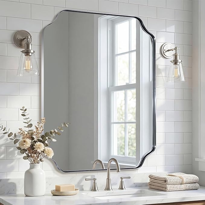 ANDY STAR 24x30 Inch Chrome Bathroom Mirror, Polished Nickel Mirrors for Wall, Modern Scalloped Mirror in Rustproof Stainless Steel Thin Frame, Elegant Scalloped Edge Design, Ideal for Home Remodel