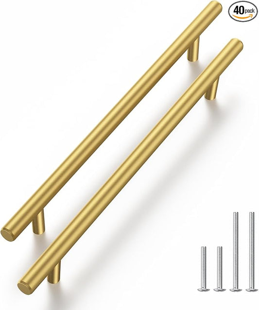Haliwu 40 Pack Cabinet Handles Brass Gold Cabinet Pulls 6-1/4 Inch Hole Center Drawer Pulls Modern Bar Dresser Handles for Bathroom Kitchen Bedroom