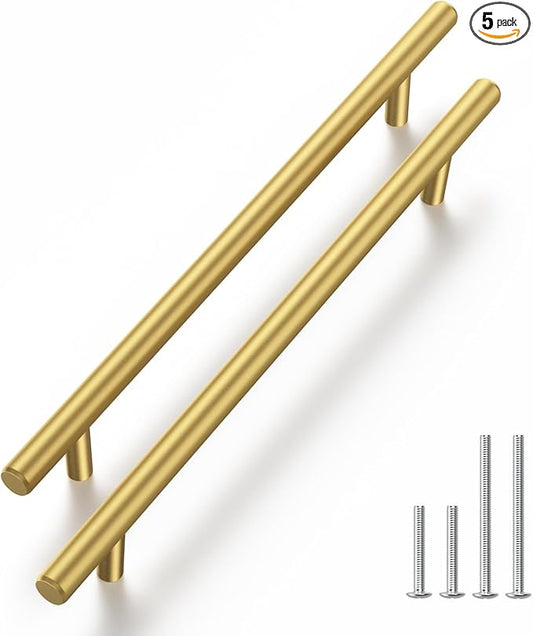 Haliwu 5 Pack Cabinet Handles Brass Gold Cabinet Pulls 6-1/4 Inch Hole Center Drawer Pulls Modern Bar Dresser Handles for Bathroom Kitchen Bedroom