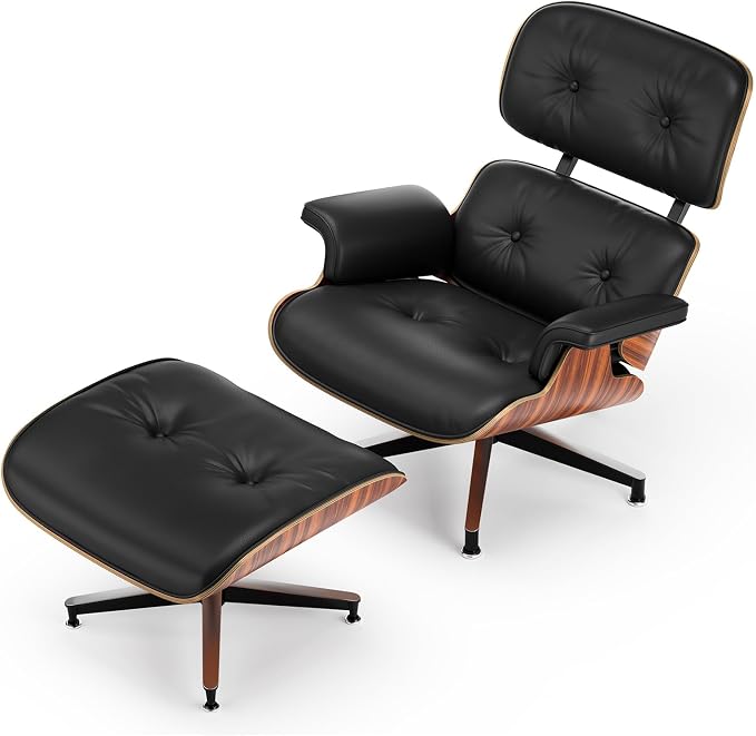 Luxury Top Grain Leather Mid Century Chaise Lounge Chair with Ottoman, Heavy Duty Base Support, Reading Chair, Modern Arm Chair, Leather Accent Chair for Living Room and Office, Rosewood
