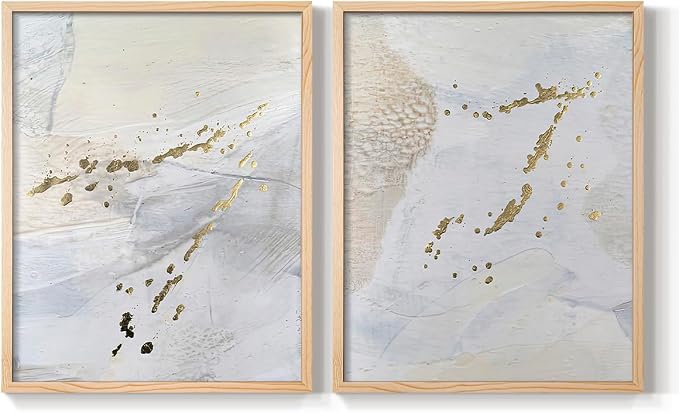 Renditions Gallery Set of 2 Peel & Stick Framed Prints, Modern Abstract Wall Art, Gold Sprinkle Oil Painting Wall Decor, Re-Stickable - Ready to Hang - 8"x10" - NATURAL WOOD Frame LT588