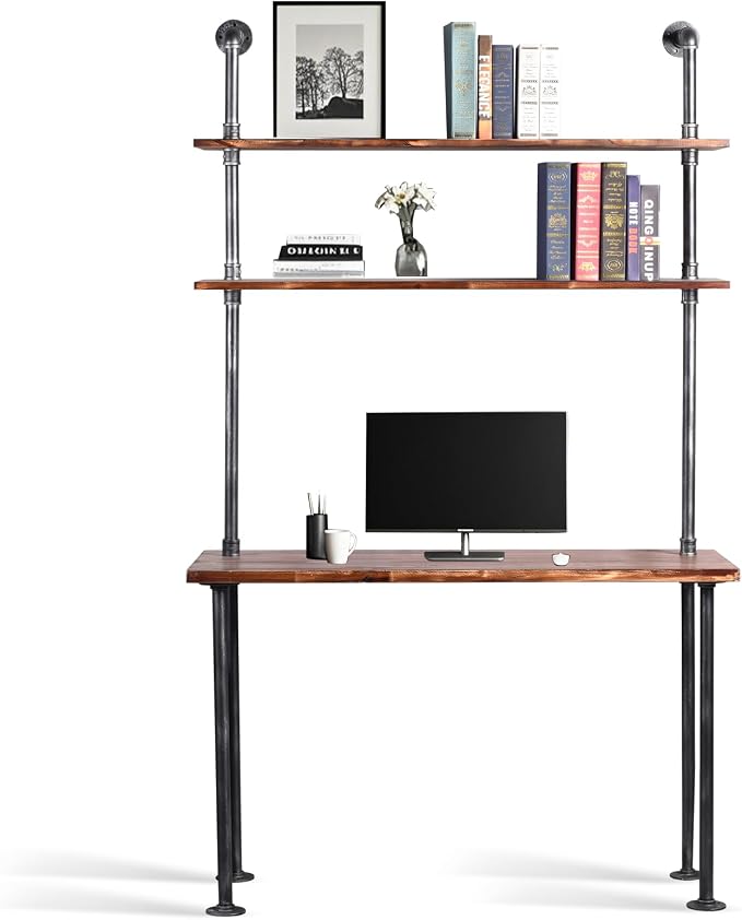 LOKKHAN 79-inch Industrial Laptop Desk Solid Wood Computer Desk Wall Pipe Desk with Shelves Computer Table for Home Office (L:47.3-inch)