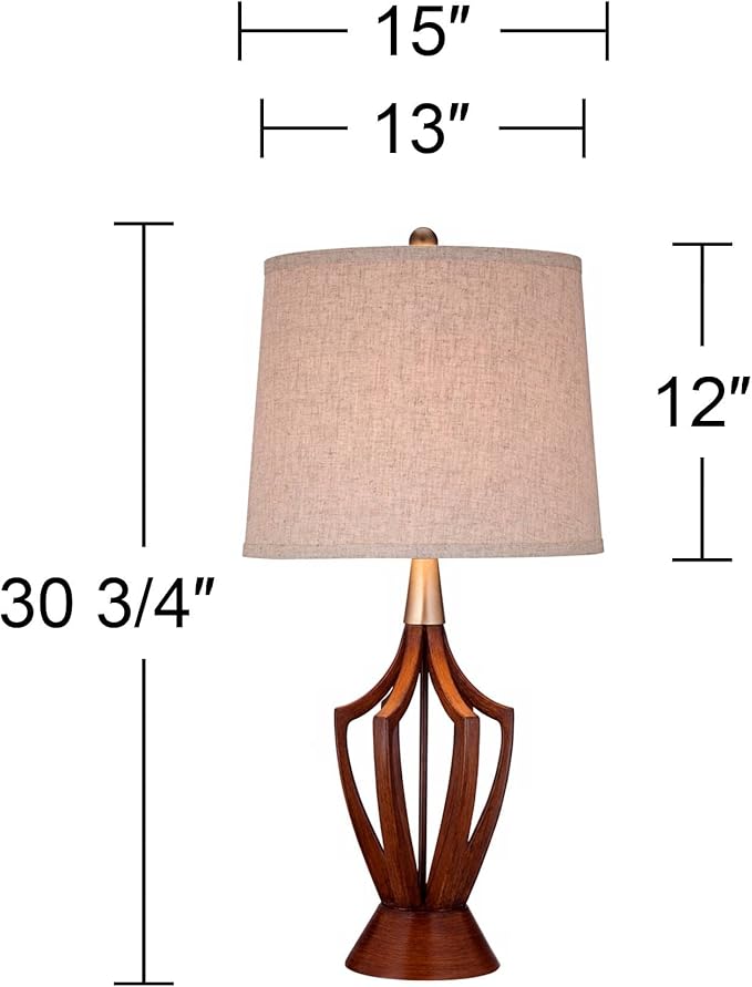 360 Lighting St. Claire Mid Century Modern Table Lamp 30 3/4" Tall Wood Brown Open Vase Taupe Fabric Drum Shade for Bedroom Living Room House Bedside Nightstand Home Office Entryway Family
