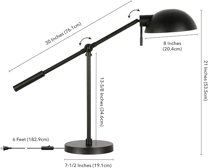 Henn&Hart 23" Transitional 1-Light Boom Arm Table Lamp with Black Metal Dome Shade for Living Room, Bedroom, or Office, Black