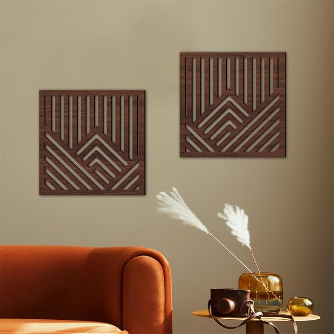 Geometric Mountain Wood Wall Art Decor, 2 Pcs Modern Mountain Wall Sculptures Wooden Square Hanging Abstract Panels, 3D Square Hollow Wood Art Wall Decor for Home Office Living Room Bedroom (Brown)