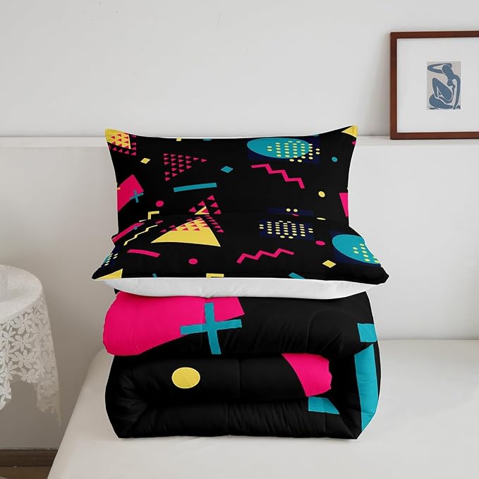 Manfei Memphis Comforter Set King Size, Retro 80s 90s Geometric Fashion Style Bedding Set 3pcs for Kids Boys, Triangle Circle Vintage Quilt Set Soft Polyester Duvet Set with 2 Pillowcases