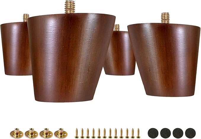 FoDau770 Brown Rubber Wood Furniture Legs 2 Inches, Slant Tapered Wood Feet Mid Century Sofa Legs Set of 4, 5/16" UNC Furniture Feet Replacement Parts for Cabinet Couch Dresser Chair Ottoman Table