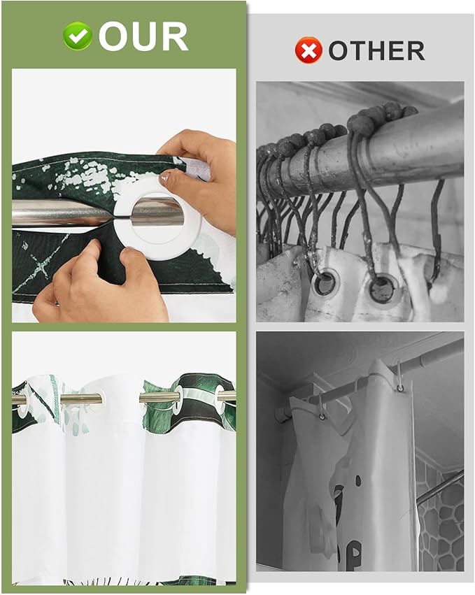 No Hook Shower Curtain with Snap in Liner Set, Abstract Green Botanical Leaf Print Shower Curtains for Modern Boho Bathroom, Mesh Top Waterproof Double Layer Bath Curtain, 71x74 Inch