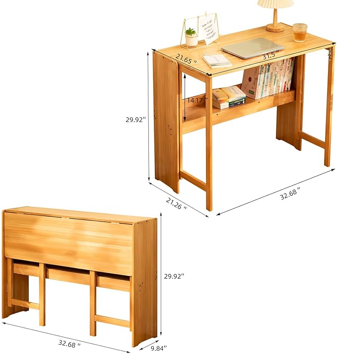 32.68" Space Saver Transformer Desk, Skinny Mid Century Modern Writing Table, Bamboo Foldable Study Table for Small Spaces, Compact Computer Desk for Bedroom Home Office Dorm Apartment (Natural)