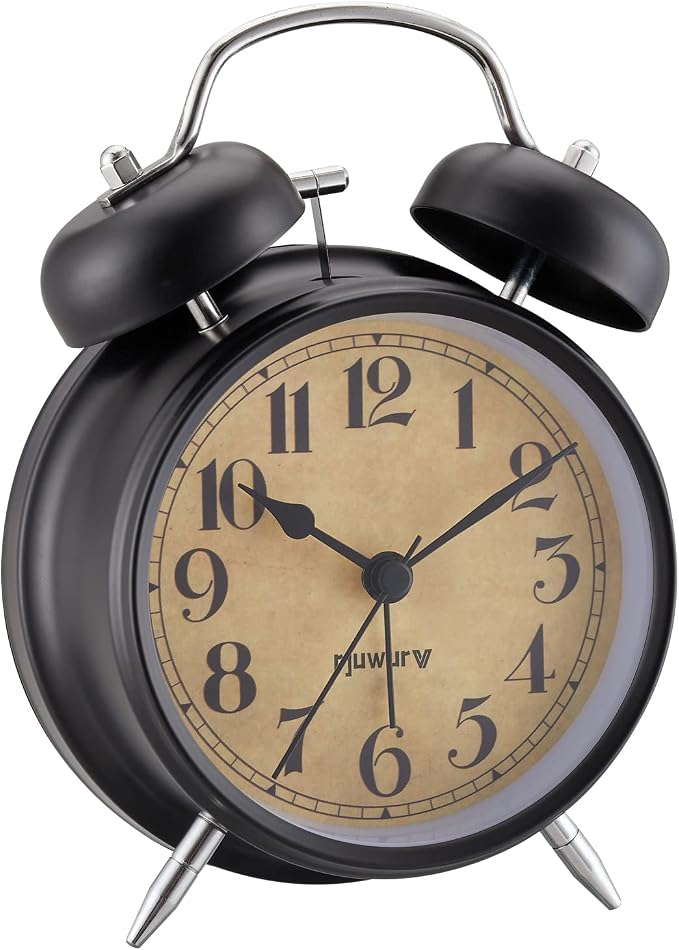 Rjuwurv 4" Twin Bell Alarm Clock with Night Light - Desk & Bedroom Alarm Clock (Black)