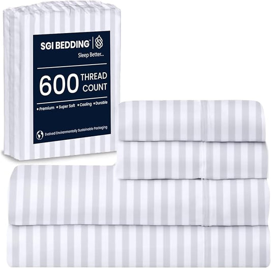 SGI bedding 100% Egyptian Cotton Sheets Full Size – 600 Thread Count Sheets Set, Soft, Cooling, 15" Deep Pocket, Luxury Hotel Bedding, Breathable, Durable - White Stripe