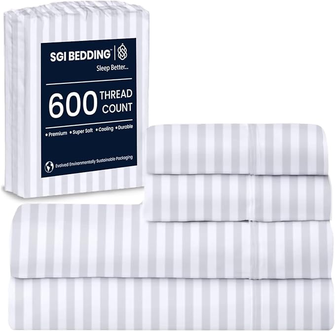 SGI bedding 100% Egyptian Cotton Sheets RV King Size – 600 Thread Count Sheets Set, Soft, Cooling, 15" Deep Pocket, Luxury Hotel Bedding, Breathable, Durable - White Stripe