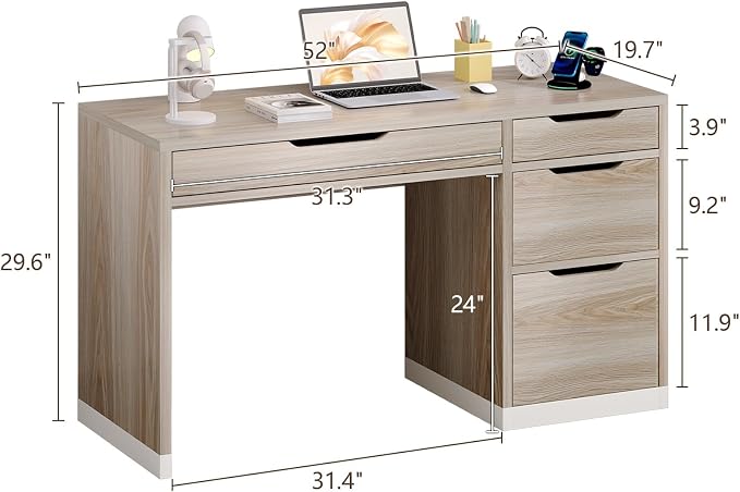 MaverickFurni Small Desk with Drawers, 52 Inch Home Office Desk with Storage for Bedroom, Computer Desk with Filing Drawer for Small Space, Light Walnut