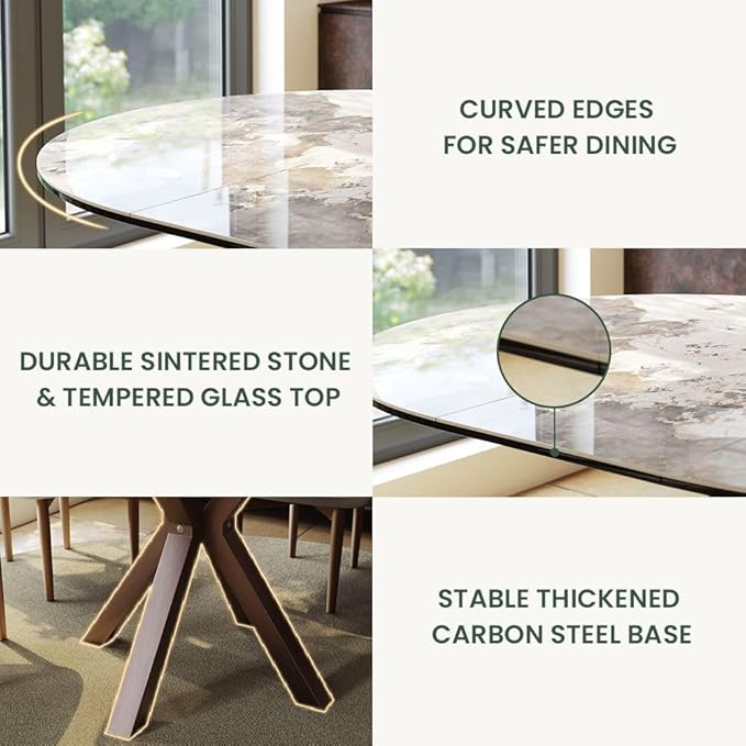 POVISON Modern Extendable Dining Table, 47" to 63" Round to Oval Sintered Stone Kitchen Table with Carbon Steel Pedestal Base for 4-6, Pandora with Bronze(Table Only