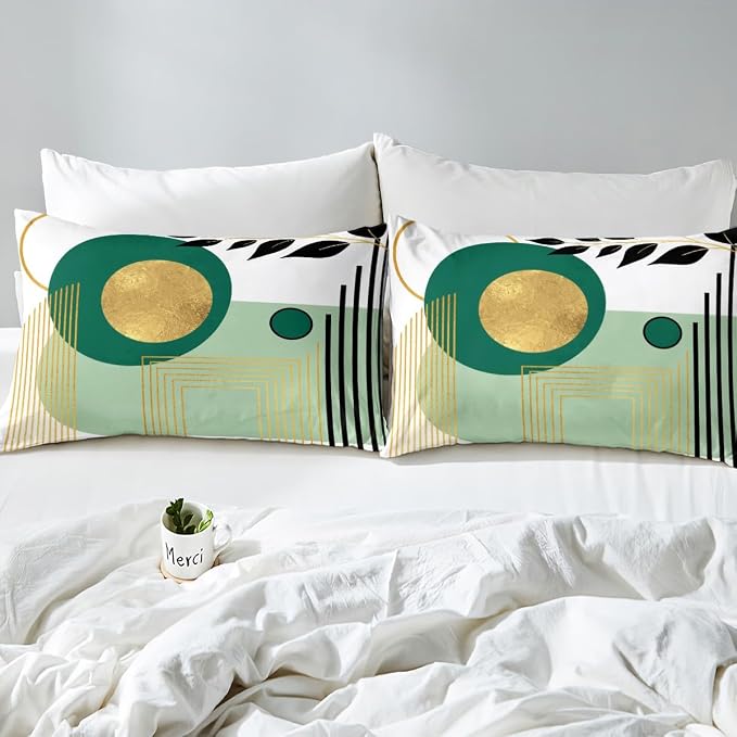 Erosebridal Green and White Abstract Boho Twin Comforter Cover Minimalist Aesthetic Neutral Duvet Cover Mid Century Modern Bed Set Botanical Leaves Geometric Bedding Set