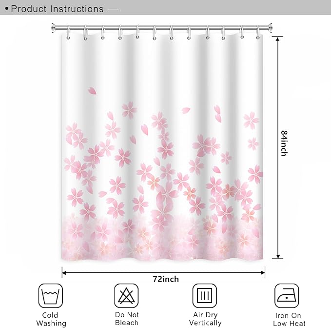 Pink Floral Bathroom Shower Curtain Cherry Blossom Dreamy Flowers Petal Shower with Hooks Polyester Waterproof Fabric Girly Home Decorative Bathtub, 72x84 Inch