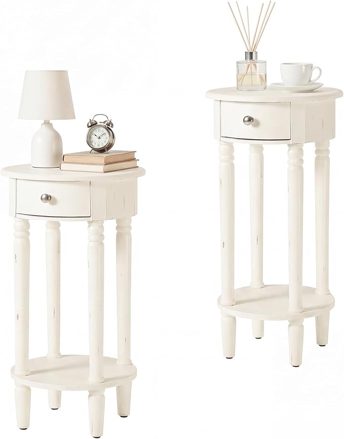 HOMPUS Round End Table with Drawer Set of 2, Rustic Framhouse Nightstand Set 2, Small Tall End Table with Shelf, Fully Assembled Narrow Wood Nightstand, Accent Bedside Table for Bedroom, Small Spaces