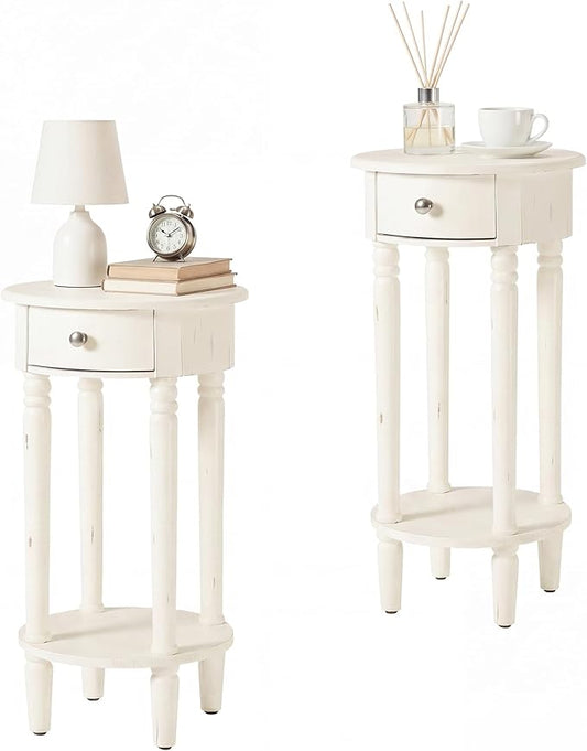 HOMPUS Round End Table with Drawer Set of 2, Rustic Framhouse Nightstand Set 2, Small Tall End Table with Shelf, Fully Assembled Narrow Wood Nightstand, Accent Bedside Table for Bedroom, Small Spaces
