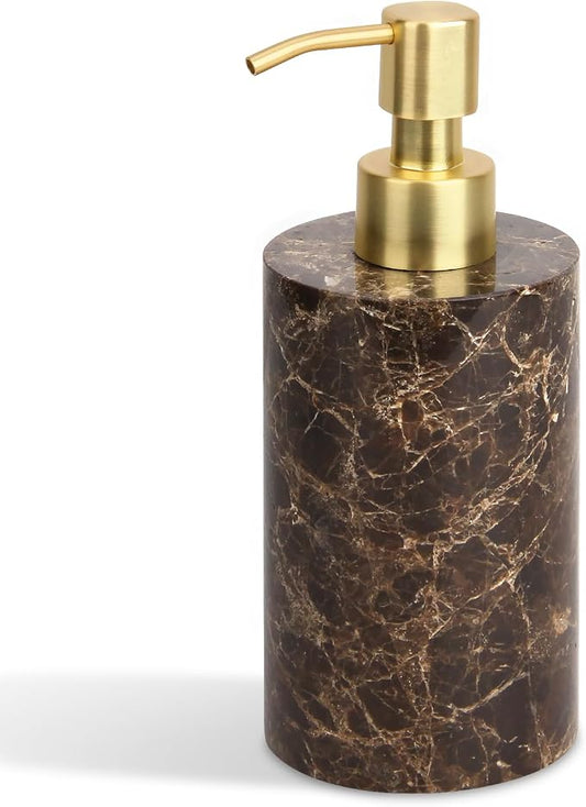 Natural Marble Soap Dispenser for Bathroom and Kitchen Countertop - 5.41 Ounces Hand Lotion and Liquid Stone Shampoo Laundry Bottle with Pump (1, Dark Brown, Cylindrical Bottle)