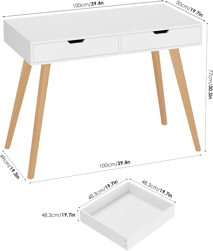 FOTOSOK White Computer Writing Desk with 2 Drawers, Small Desk Makeup Vanity Table Wood Desk with 4 Oak Legs, Modern Home Office Desk Console Study Table